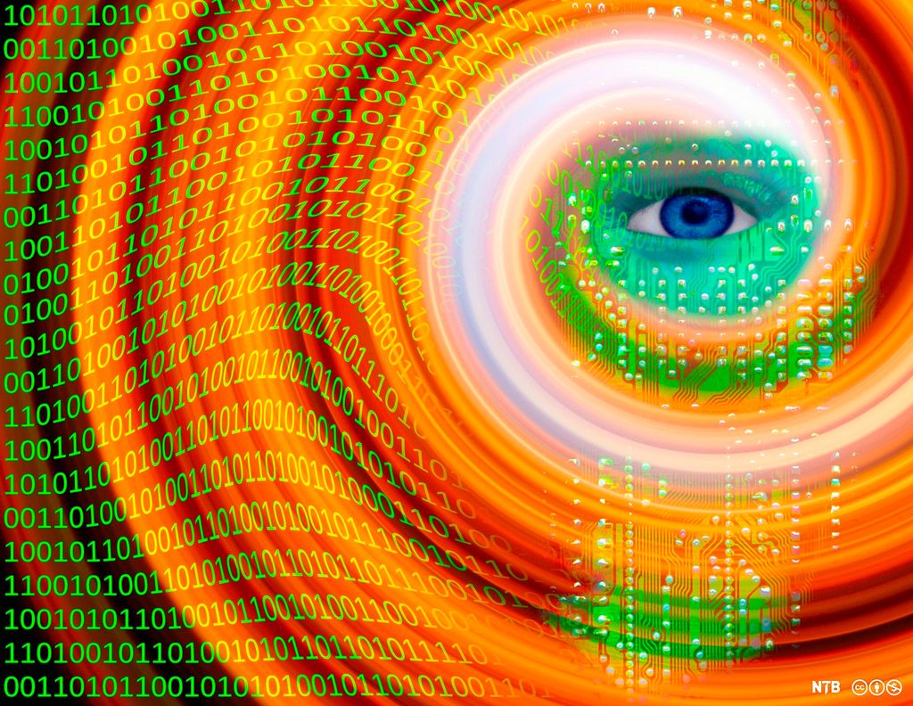 Eye inside a swirl of colour and binary numbers.