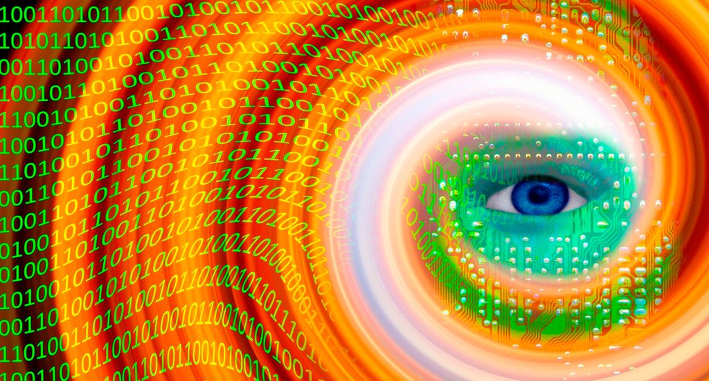 Eye inside a swirl of colour and binary numbers. Illustration.