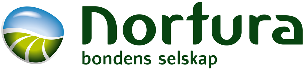 Logoen til Nortura. Et stilisert bilde av åker og blå himmel ved siden av teksten Nortura, bondens selskap. Illustrasjon.