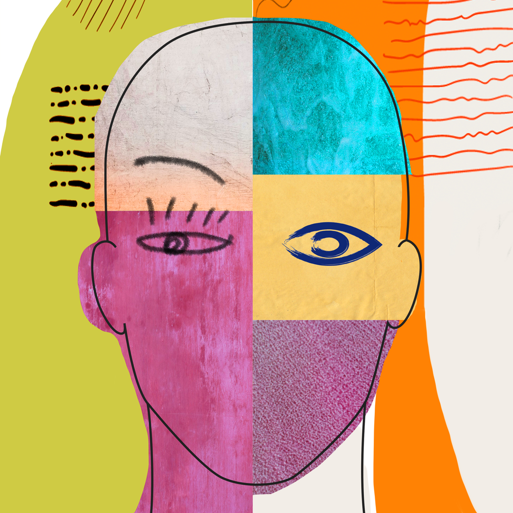 Ansikt bestående av forskjellige felt i forskjellige teksturer og farger, som illustrerer hvordan kulturell identitet kan være sammensatt og kompleks. Illustrasjon. 