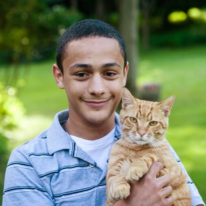 Gutt med katt. Foto.