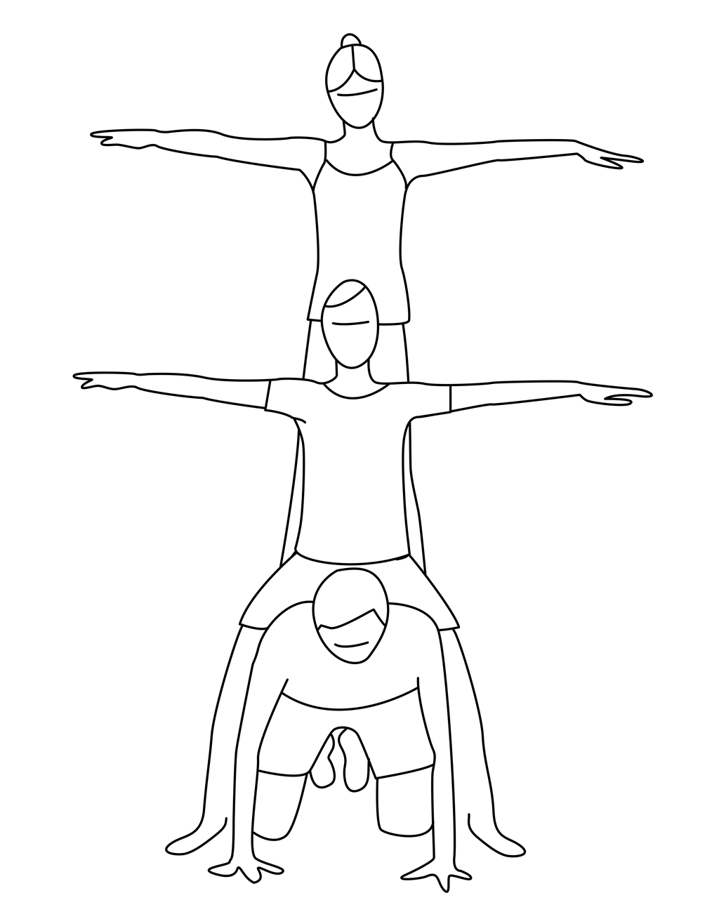 En person sitter på alle fire, en sitter og en står oppå han. Illustrasjon.