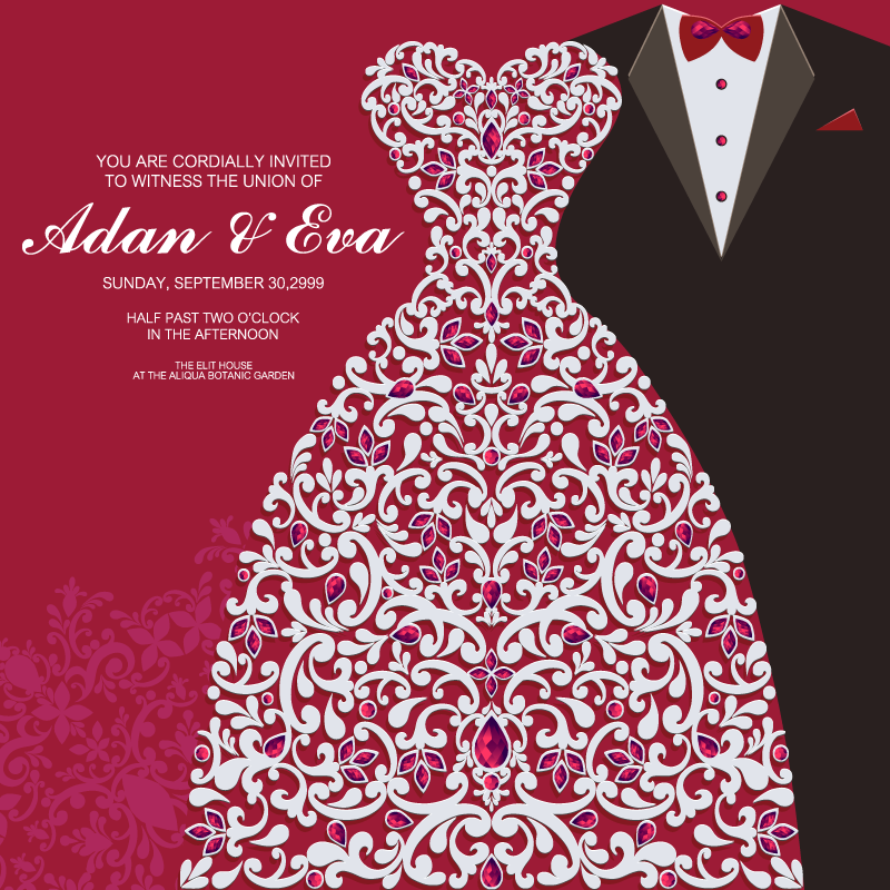 Hvit og rød kjole og en svart dress med hvit skjorte og rød sløyfe mot en rød bakgrunn. Teksten på bakgrunnen er en invitasjon til bryllup. Illustrasjon. 