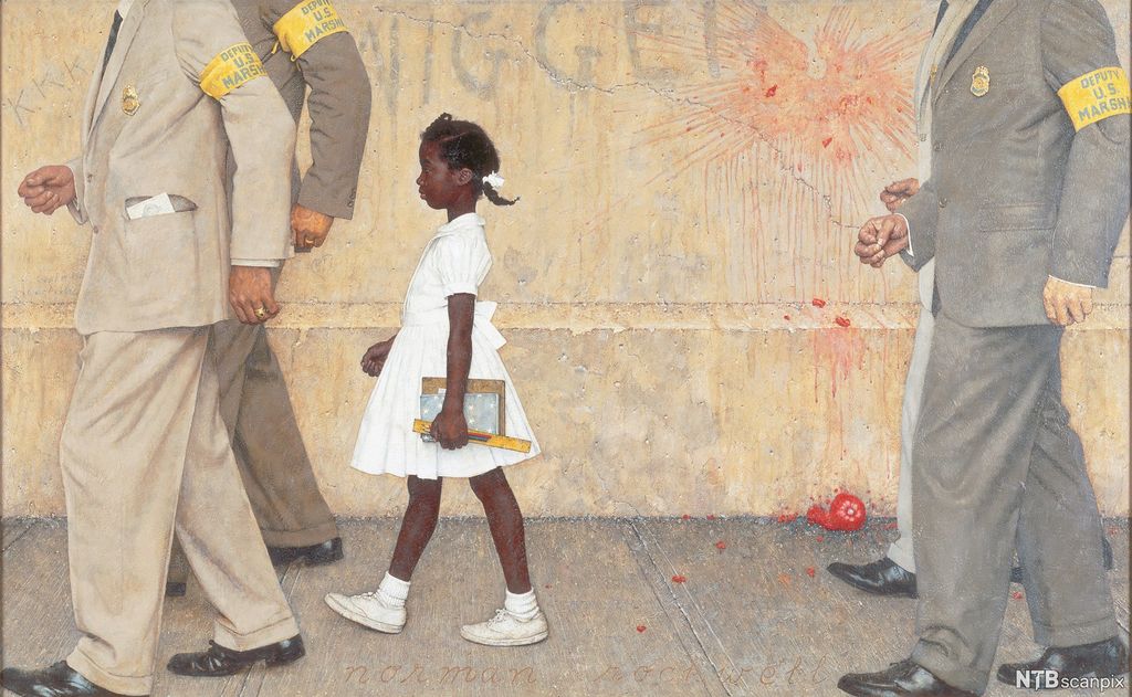 Artwork showing a girl on her way to school, strictly guarded by policemen. Painting. 