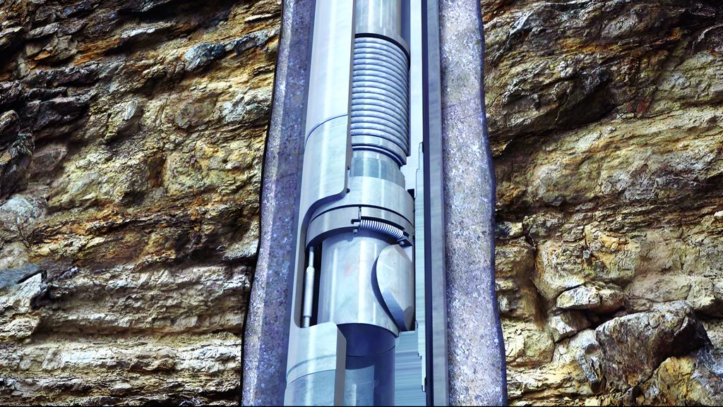 Skissen viser et snitt av en sikringsventil som er installert i en brønn. Ventilklaffen holdes åpen av en hylse slik at olje kan passere forbi ventilen. Illustrasjon.