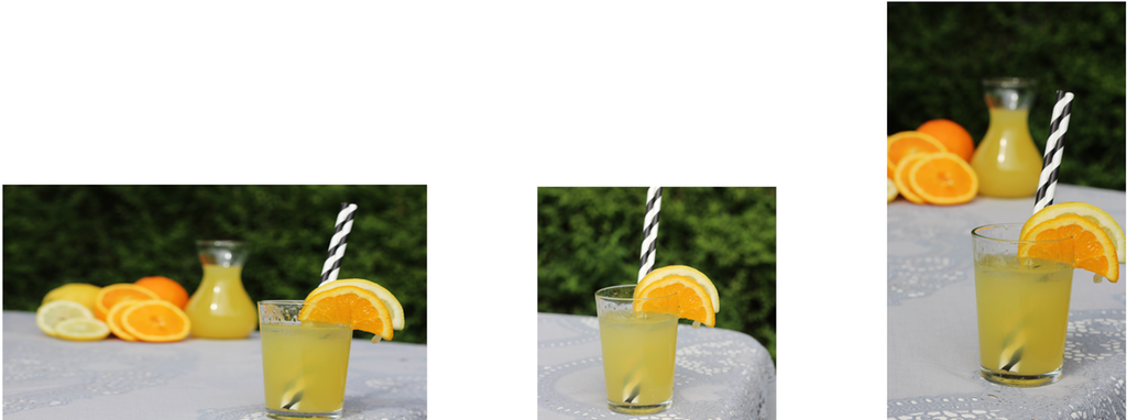 Tre fotografier med samme motiv, men ulikt format og utsnitt. Motivet er et glass med limonade som står på et bord med duk. I bakgrunnen er det en grønn busk. På to av fotografiene er det også en karaffel og sitron- og appelsinskiver. Foto.