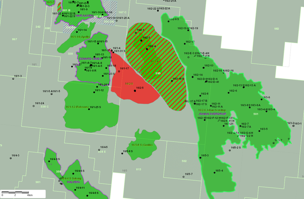Kart som viser utstrekningen av oljefeltene Johan Sverdrup, Edvard Grieg og Ivar Aasen. På kartet er brønnene markert som punkt med unike nummer. Illustrasjon.