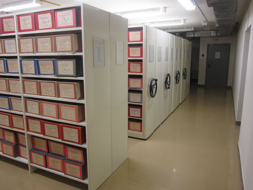 En rekke arkivhyller fylt med esker i ulike farger, med merkelapper. Foto.