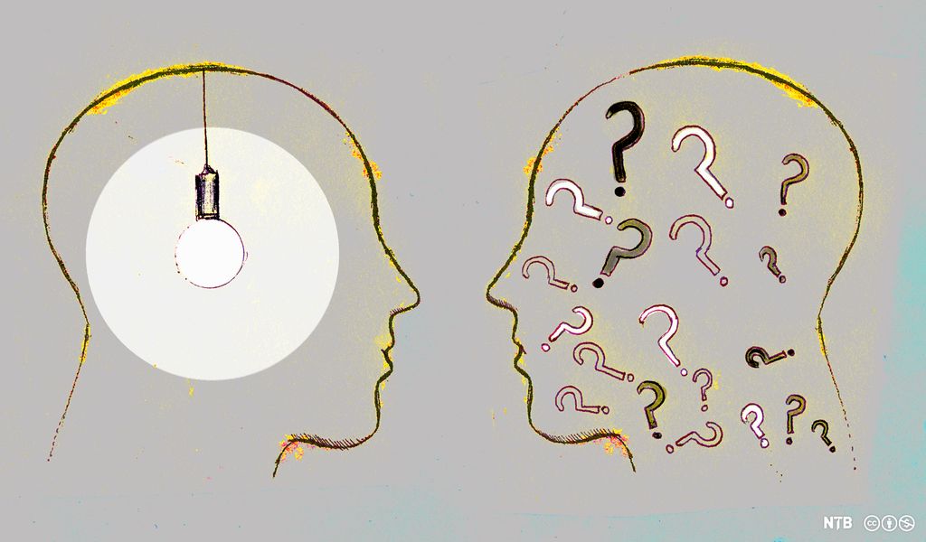 Profilen av to hoder med tent lyspære inni det ene hodet og spørsmålstegn inni det andre hodet. Hodene er vendt mot hverandre. Illustrasjon.
