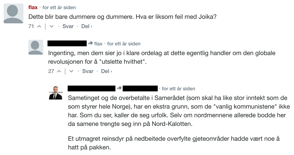 Tre innlegg i et kommentarfeltet under saken om Joikakakene på bloggen Resett. Skjermdump. 