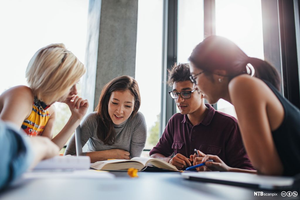 Gruppe av unge mennesker som sitter rundt et bord og leser i en bok. Foto.