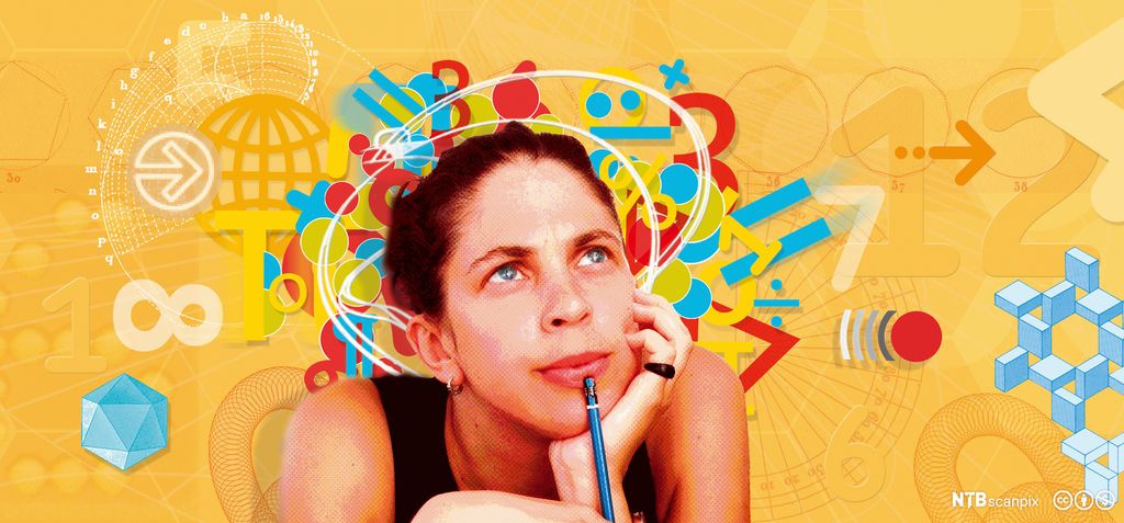 En kvinne holder en blyant mot haka og ser tankefullt opp i lufta. Foto.