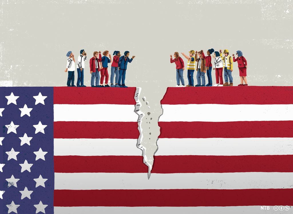 Two groups of people are standing on top of the American flag as if it were a wall. The flag is tearing apart between them. Illustration. 