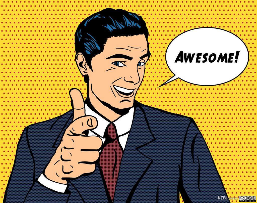 Tegneseriemann som sier "Awesome!". Grafisk.