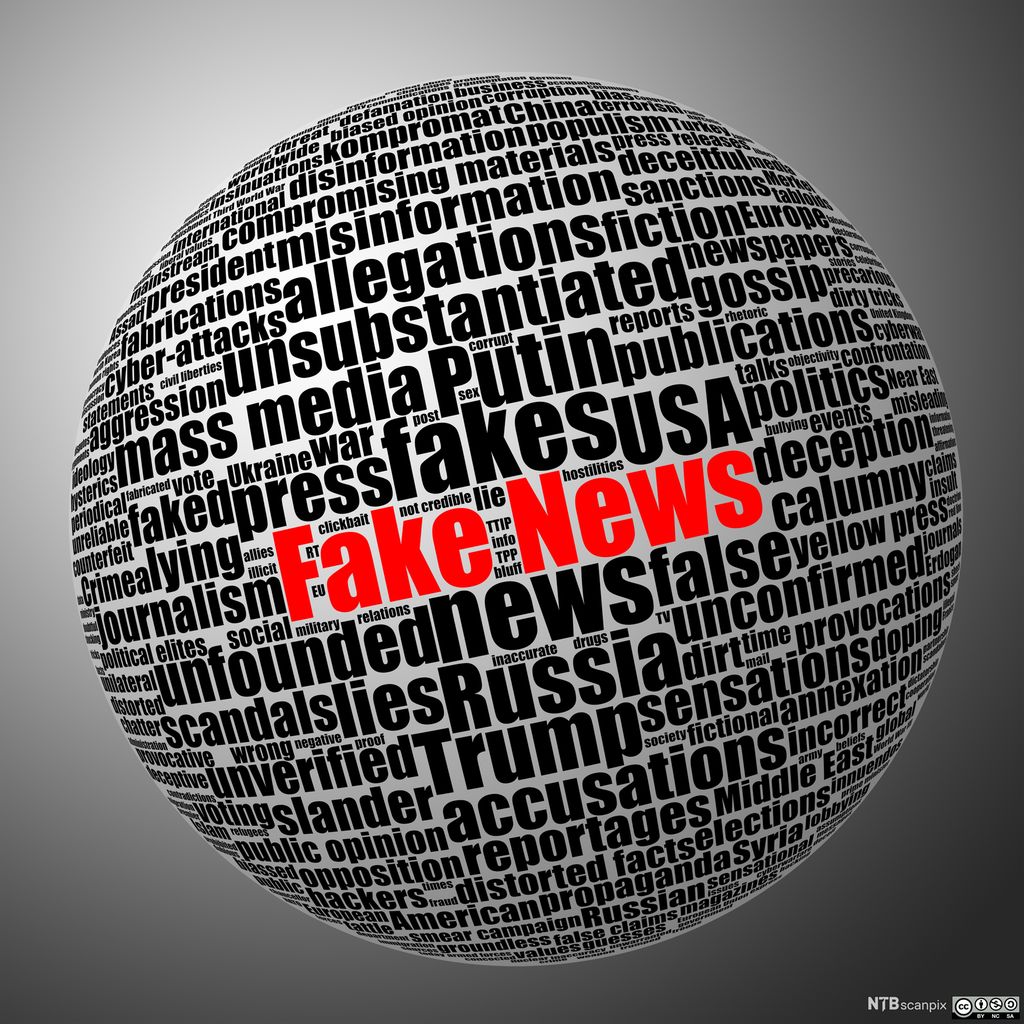 Ordsky formet som en jordklode, med fake news framhevet i rødt midten. Illustrasjon.