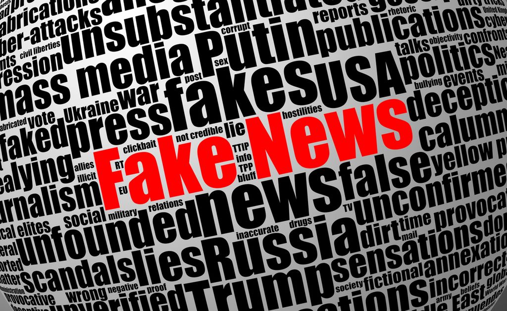 Illustration showing the words fake news emphasized in a word cloud.
