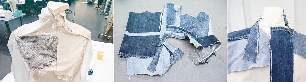 Tre bilder. Et viser hvordan formen på en krage blir bygget opp i gips på en byste. Det andre motivet er dongeristoff i ulike blånyanser som er sydd sammen. Det siste viser hvordan dongeristoffene blir montert på kragen. Foto.