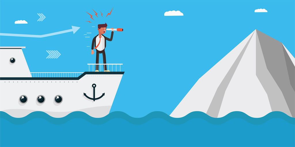 En person står med kikkert i baugen på et skip og får øye på et isfjell. Illustrasjon.