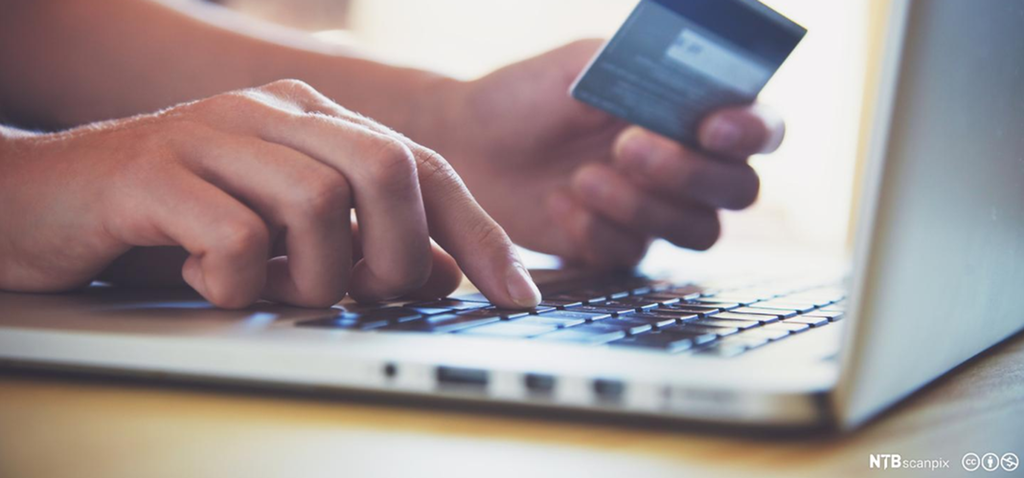  Person skriver inn bankkortopplysninger på bærbar PC. Foto.