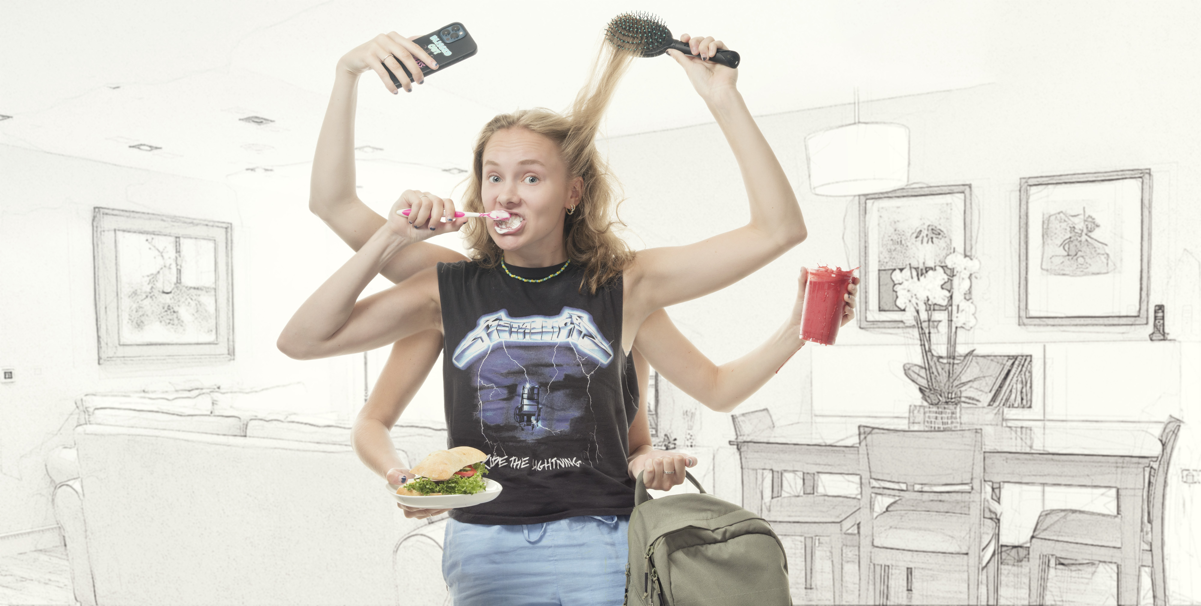 Jente med seks armer pusser tennene mens hun grer håret og holder en smoothie, en sekk, en bagett og en mobiltelefon. Illustrasjon.