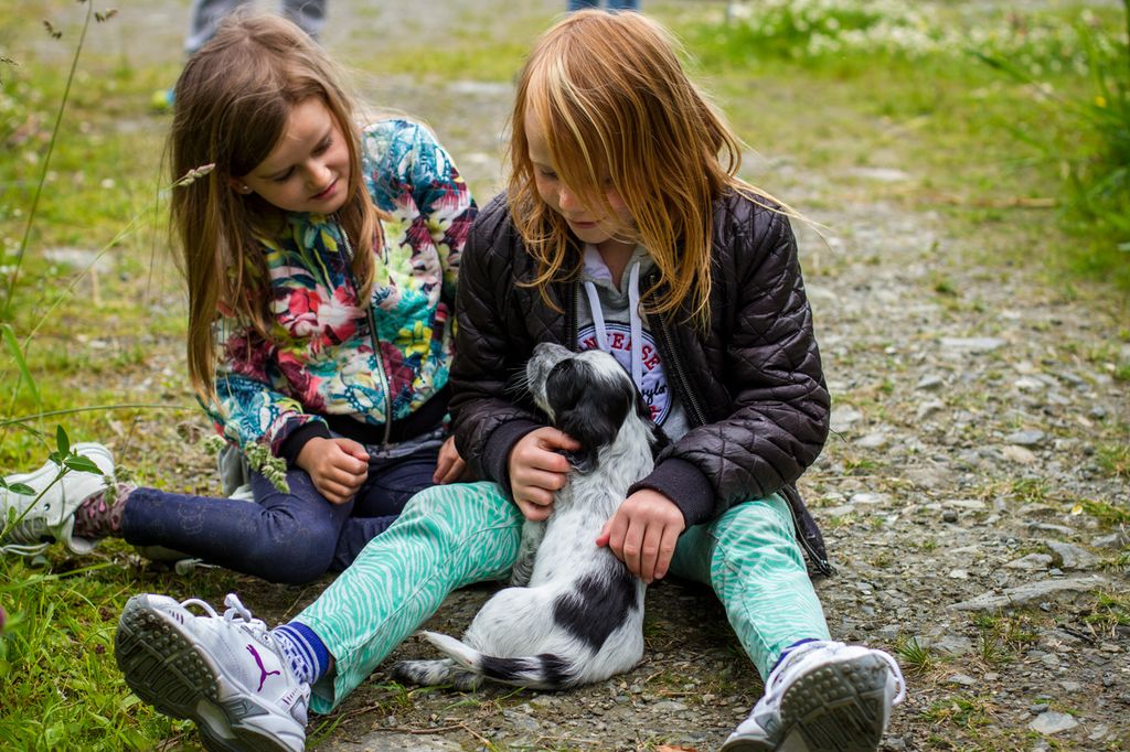 To barn som sitter på bakken med en liten valp. Foto.