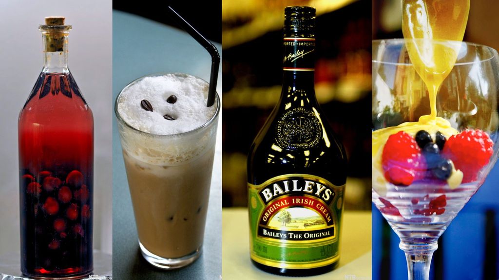 Kollasj av slåpetorn på sprit i en flaske, en kalhua shaker i et glass med sugerør, en flaske med Baileys-likør og en sabayonne med friske bær og Kahlua. Foto.