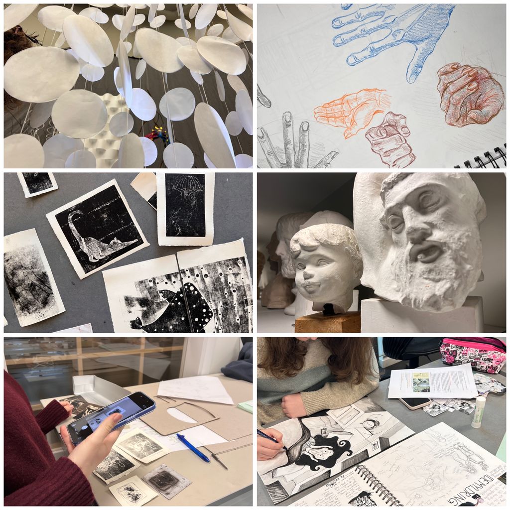 Kollasj med bilder fra klasserom for kunstelever. Foto.