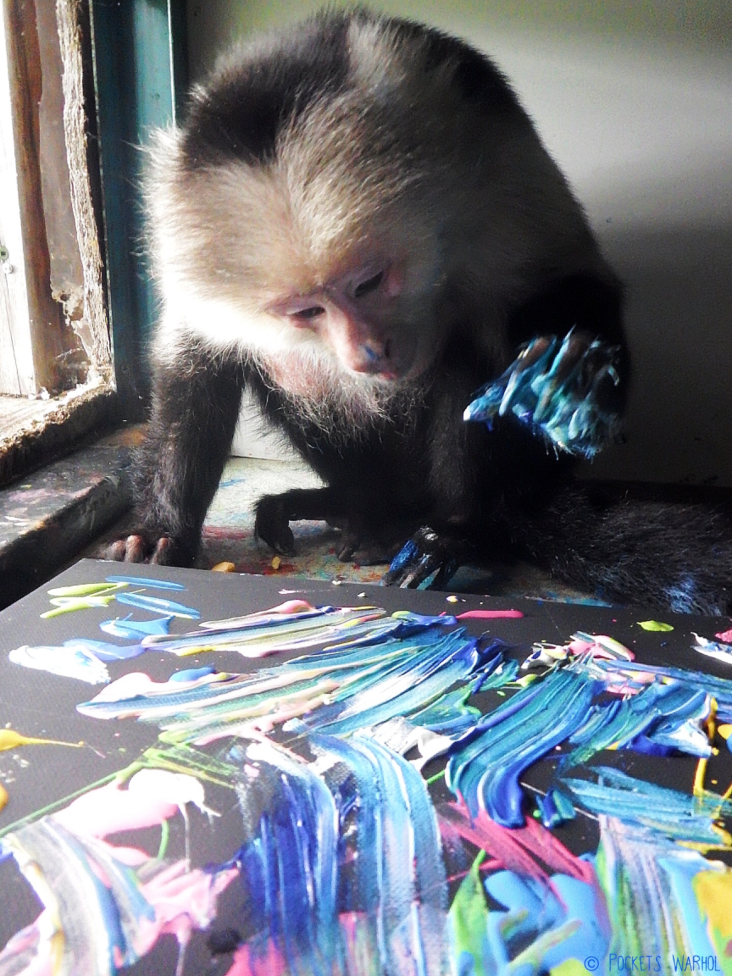 Apekatt som målar eit måleri med den eine handa. Foto.