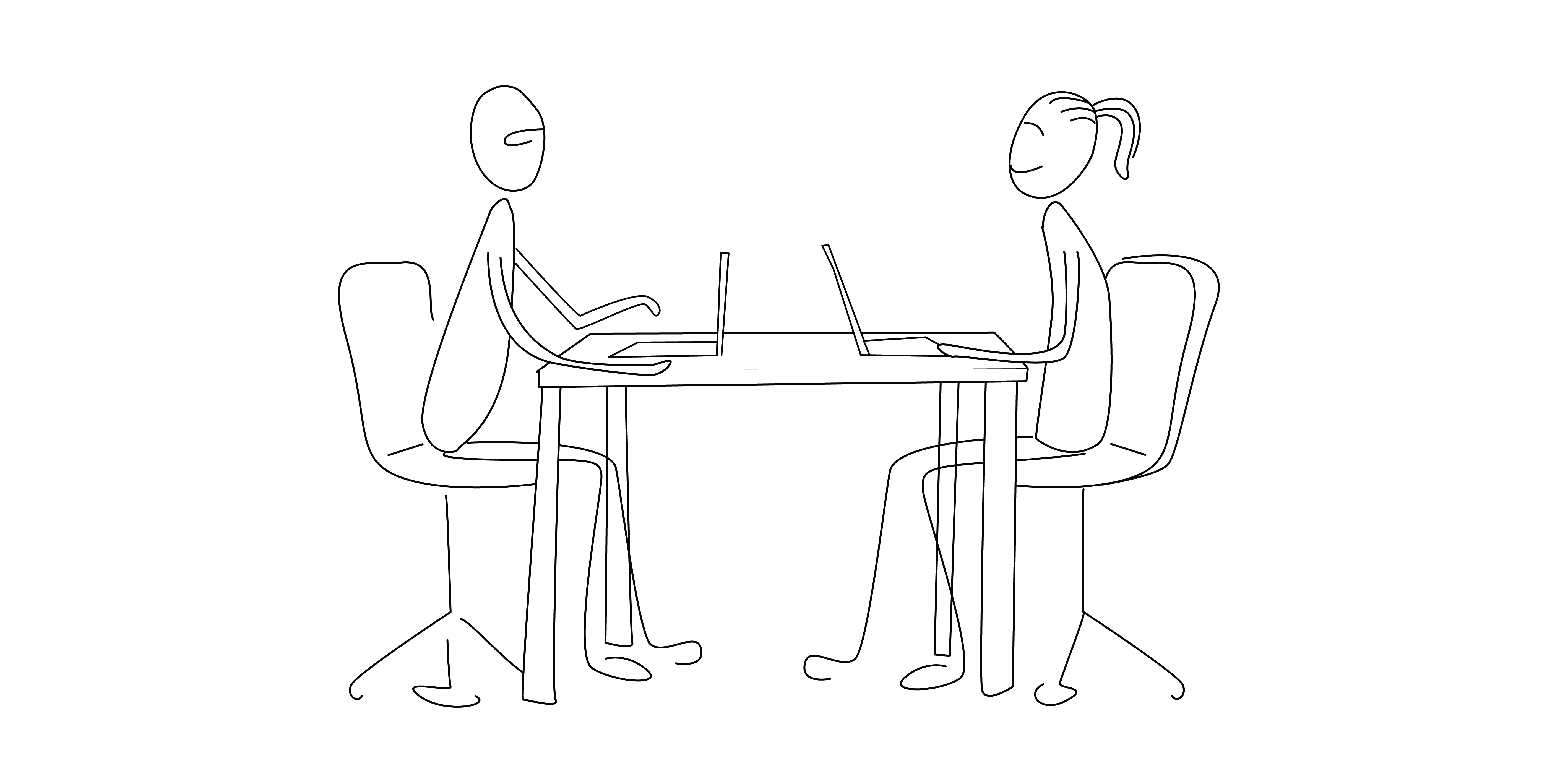 To strekfigurar sit ved eit bord med kvar sin laptop og samarbeider. Illustrasjon.