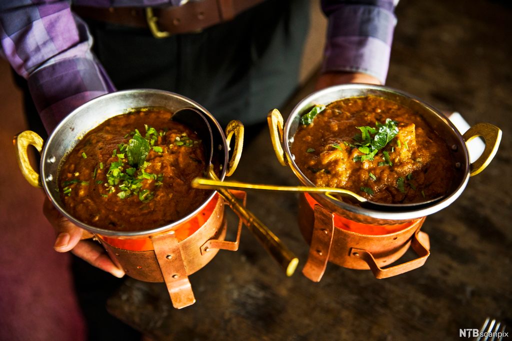 En person holder serveringsfat med indisk mat. Foto.