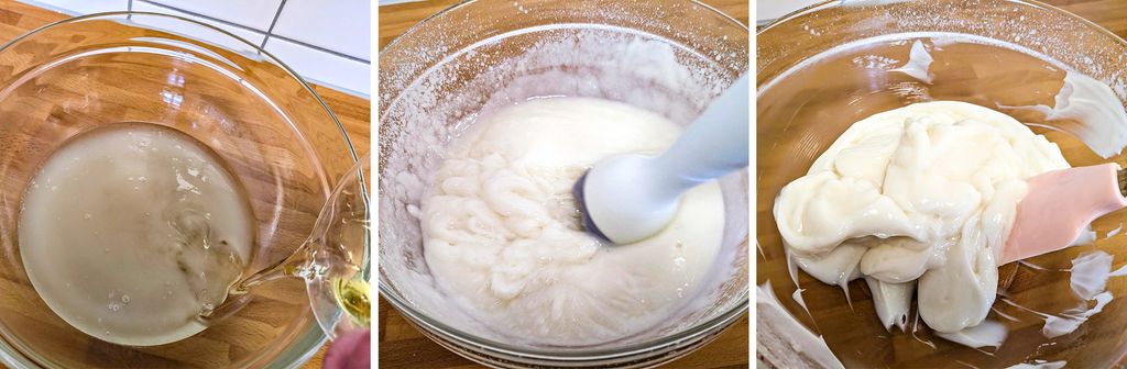 Bilder av gulaktig væske som helles over i en glassbolle med gråaktig innhold, stavmikser som blander hvit masse i glassbollen, og hvit masse som vendes med slikkepott i glassbollen. Foto.