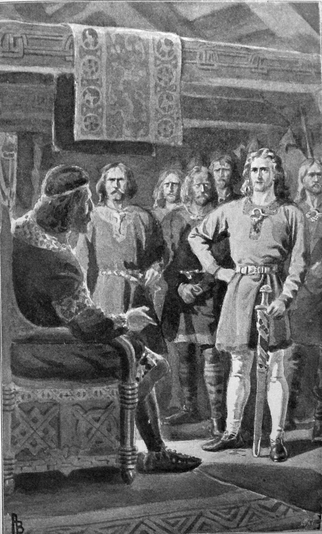 Mann i vikingklær med langt hår og med sverd står foran flere andre menn. Illustrasjon.