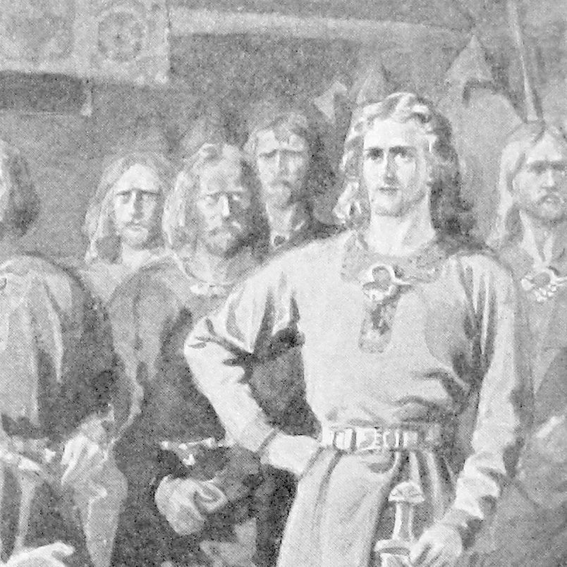 Mann i vikingklær med langt hår og med sverd står foran flere andre menn. Illustrasjon.