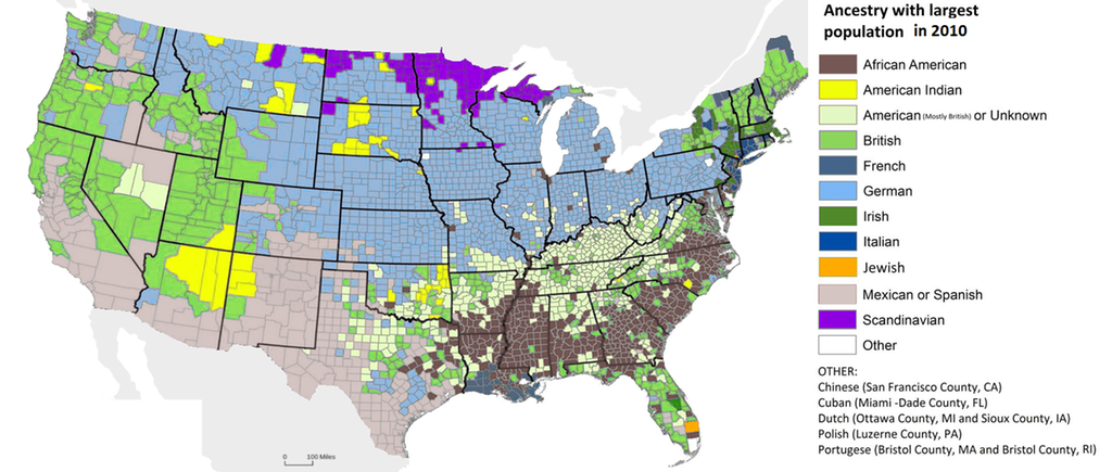 A map showing the ethnical density in America.