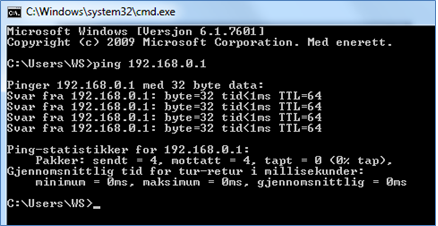 Ping ei IP-adresse for å sjekke kontakt med einheit (PC). Skjermbilete.