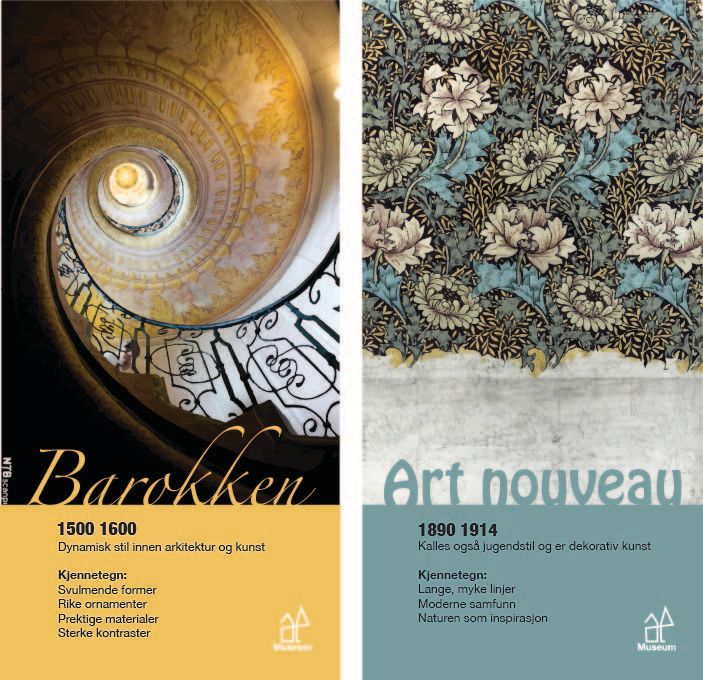 To bannere som viser kjennetegn på barokken og art nouveau gjennom bildebruk og utforming av tekst. Grafisk design.