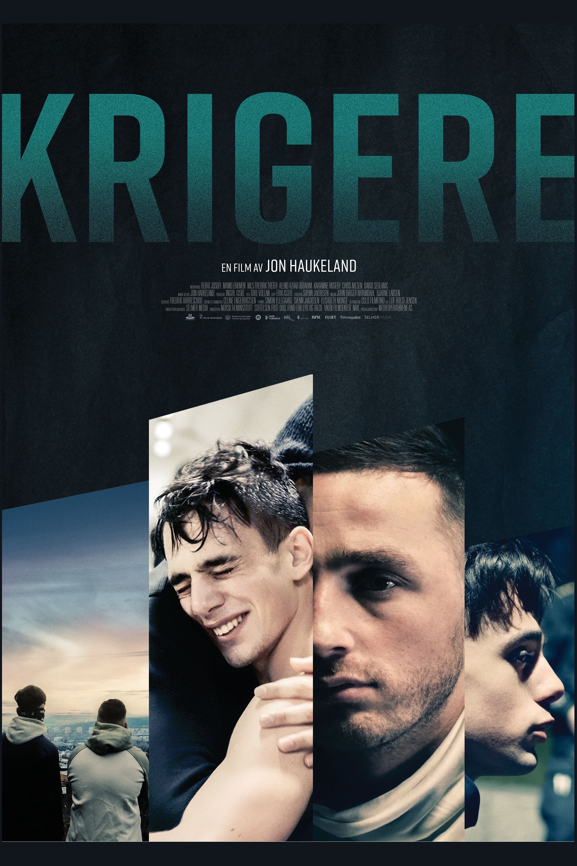 Plakat med filmtittel og bilder av hovedpersonene i filmen Krigere. Plakat.