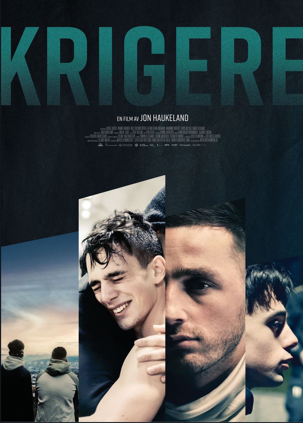 Plakat med filmtittel og bilder av hovedpersonene i filmen Krigere. Plakat.