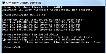 Ping ei nettadresse (URL) for å sjå om det opprettast kontakt (PC). Skjermbilete.