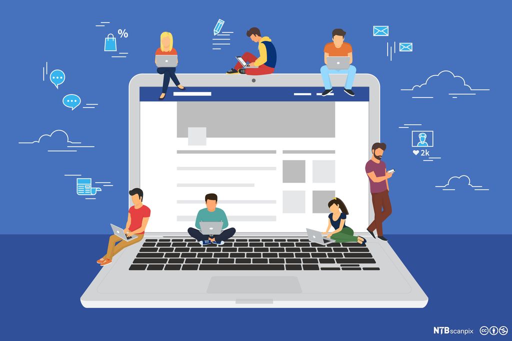 Mange ungdommar sit på ein datamaskin og søkjer på nett. Grafisk illustrasjon.