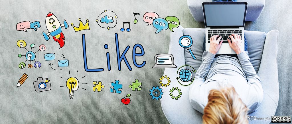 Tegninger på et bilde av aktiviteter på en datamaskin. Illustrasjon og foto.