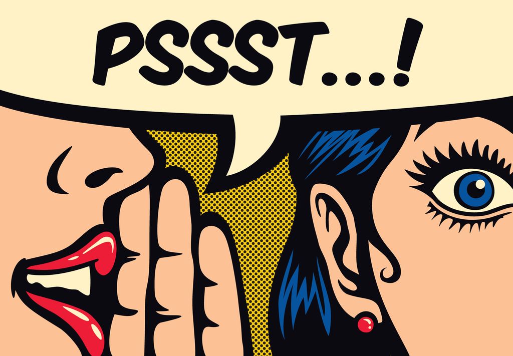 Pop Art- tegneserierute med snakkeboble der en jente  hvisker hemmeligheter i øret på en annen jente.