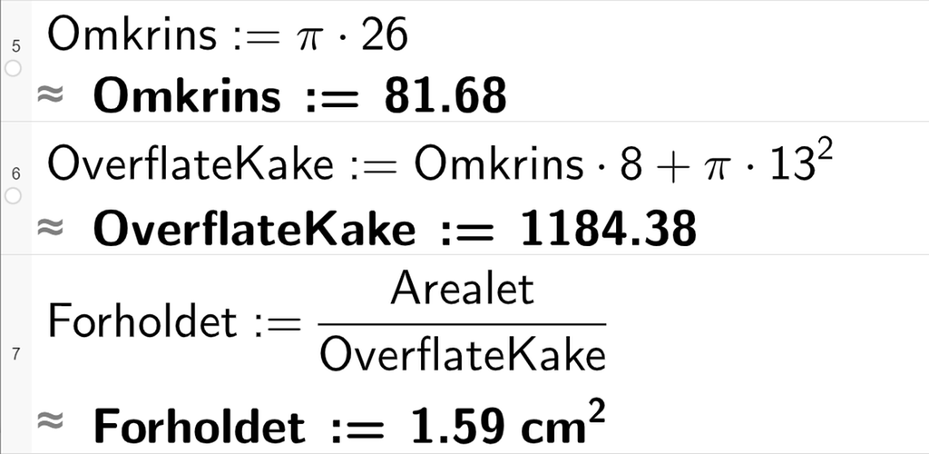 CAS-utrekning med GeoGebra. På linje 5 står det Omkrins kolon er lik pi multiplisert med 26. Under står det tilnærma lik Omkrins kolon er lik 81,68. På linje 6 står det Overflate Kake kolon er lik Omkrins multiplisert med 8 pluss pi multiplisert med 13 opphøgd i andre. Under står det tilnærma lik Overflate Kake kolon er lik 1184,38. På linje 7 står det Forholdet kolon er lik Arealet dividert på Overflate Kake. Under står det tilnærma lik Forholdet kolon er lik 1,59 kvadratcentimeter. Skjermutklipp.