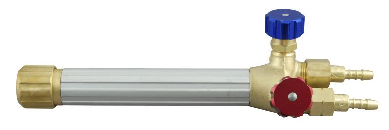 Sveisehandtak for X21. På høgre side er det ein raud og ein blå skruventil. Foto.