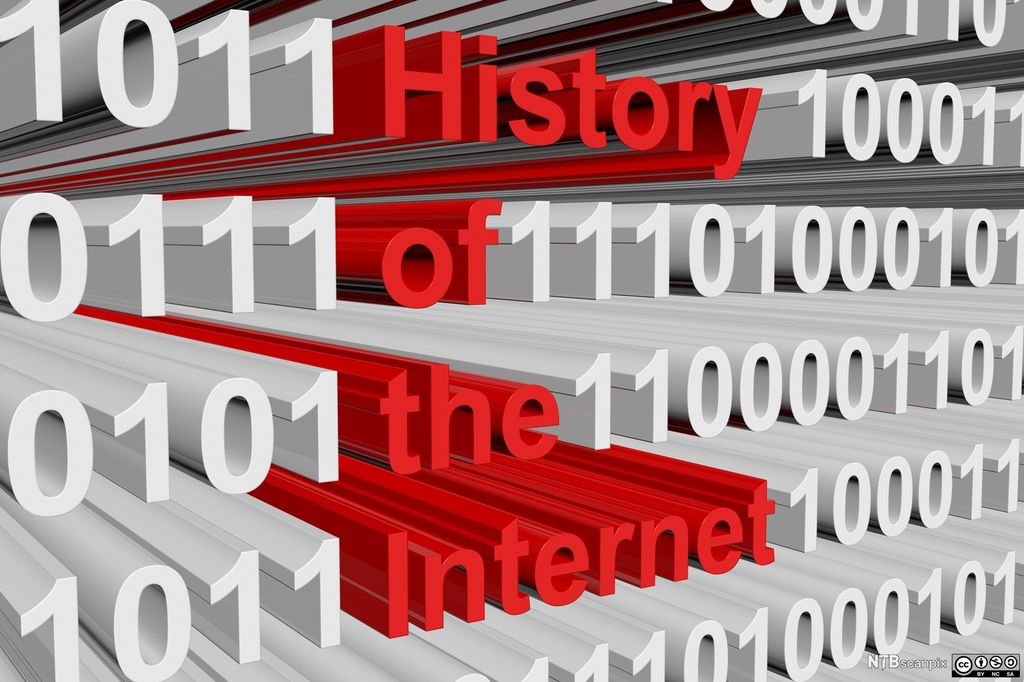 Rekker med hvite ettall og nuller og teksten History of the Internet markert i rødt. Illustrasjon.