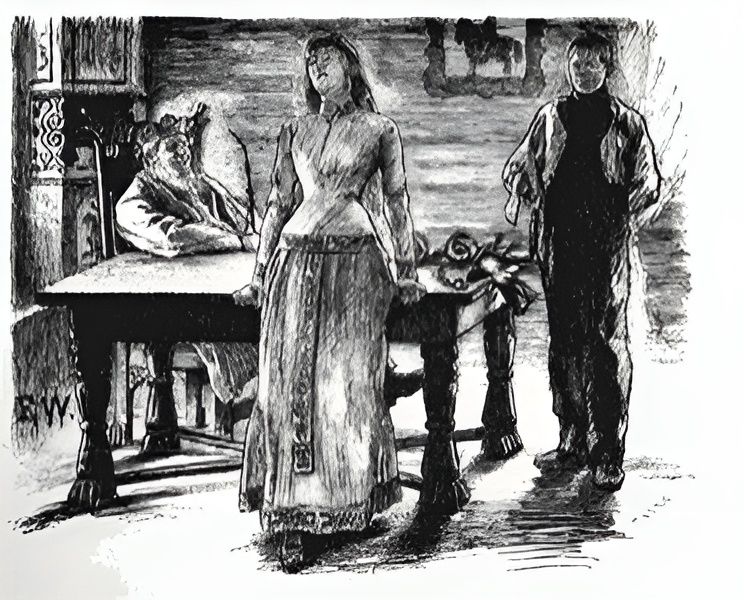 Scene fra eventyret om Askeladden og prinsessa som ingen kunne målbinde. Tegning.