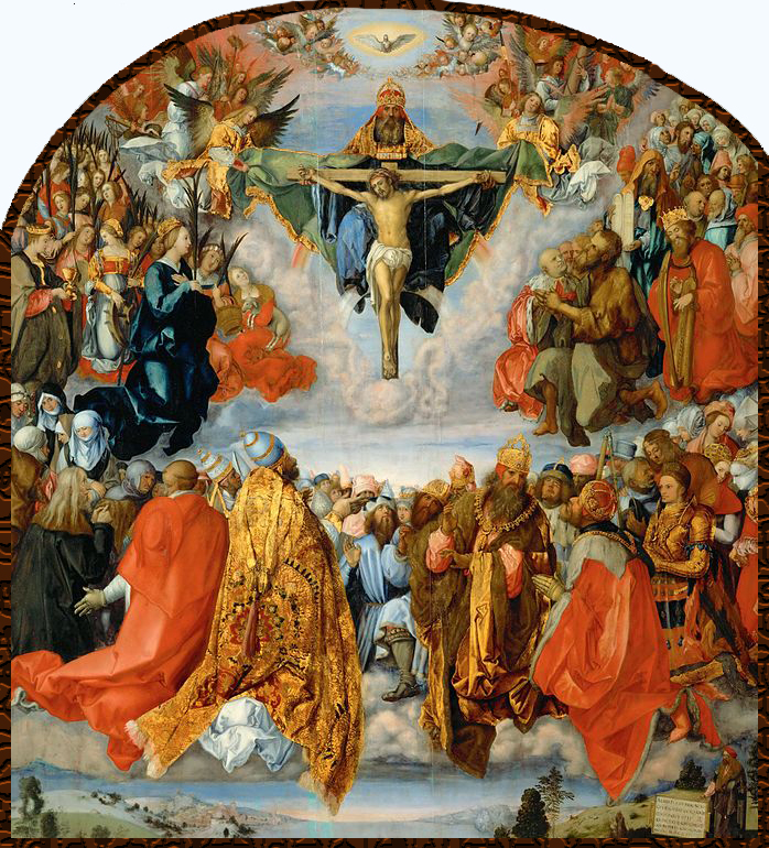 Maleri av tilbedelse av Gud, Jesus og Den hellige ånd. Illustrasjon.