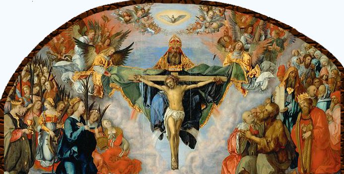 Maleri av tilbedelse av Gud, Jesus og Den hellige ånd. Illustrasjon.