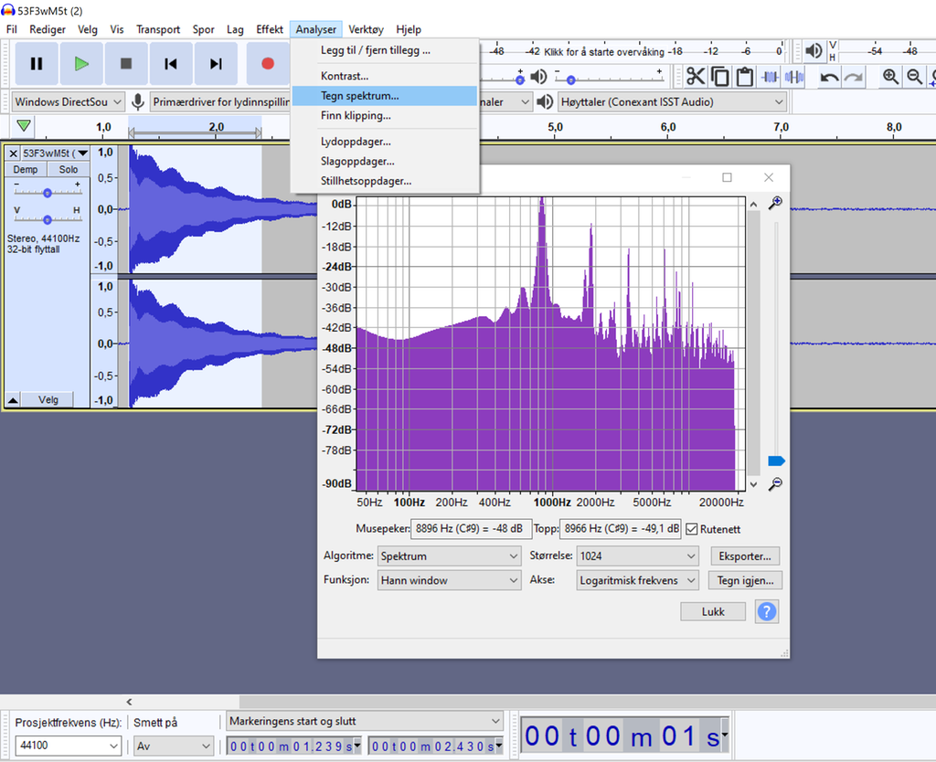 Skjermdump av analyse av lydspor i lydredigeringsprogrammet Audacity. Foto.
