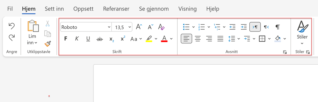 Et dokument i Microsoft Word online med markert  verktøylinje for tekstformatering. Skjermbilde.